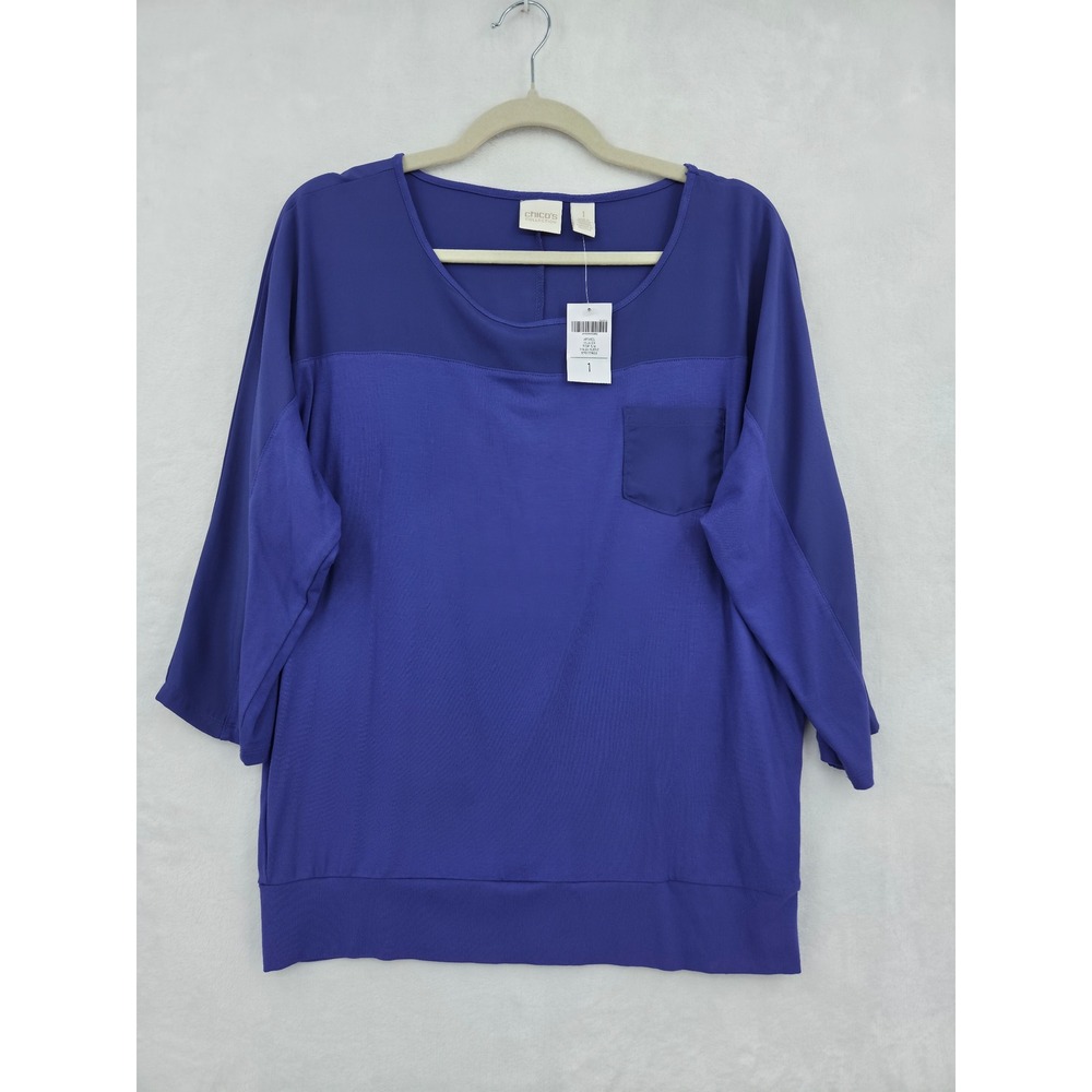 NWT Chicos Collection Kylie Top Tyrian Purple Mixed Media 3/4 Sleeve Blouse 1 M
